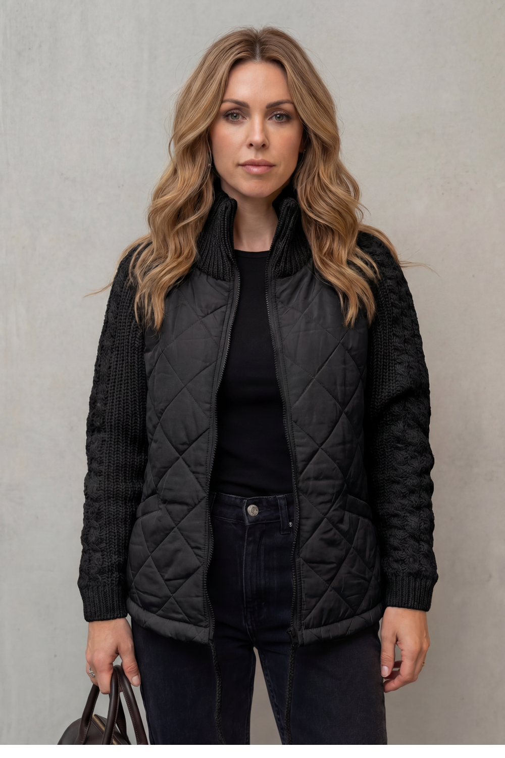 Sofia | Quilted Cable Knit Sleeve Zip Up Jacket