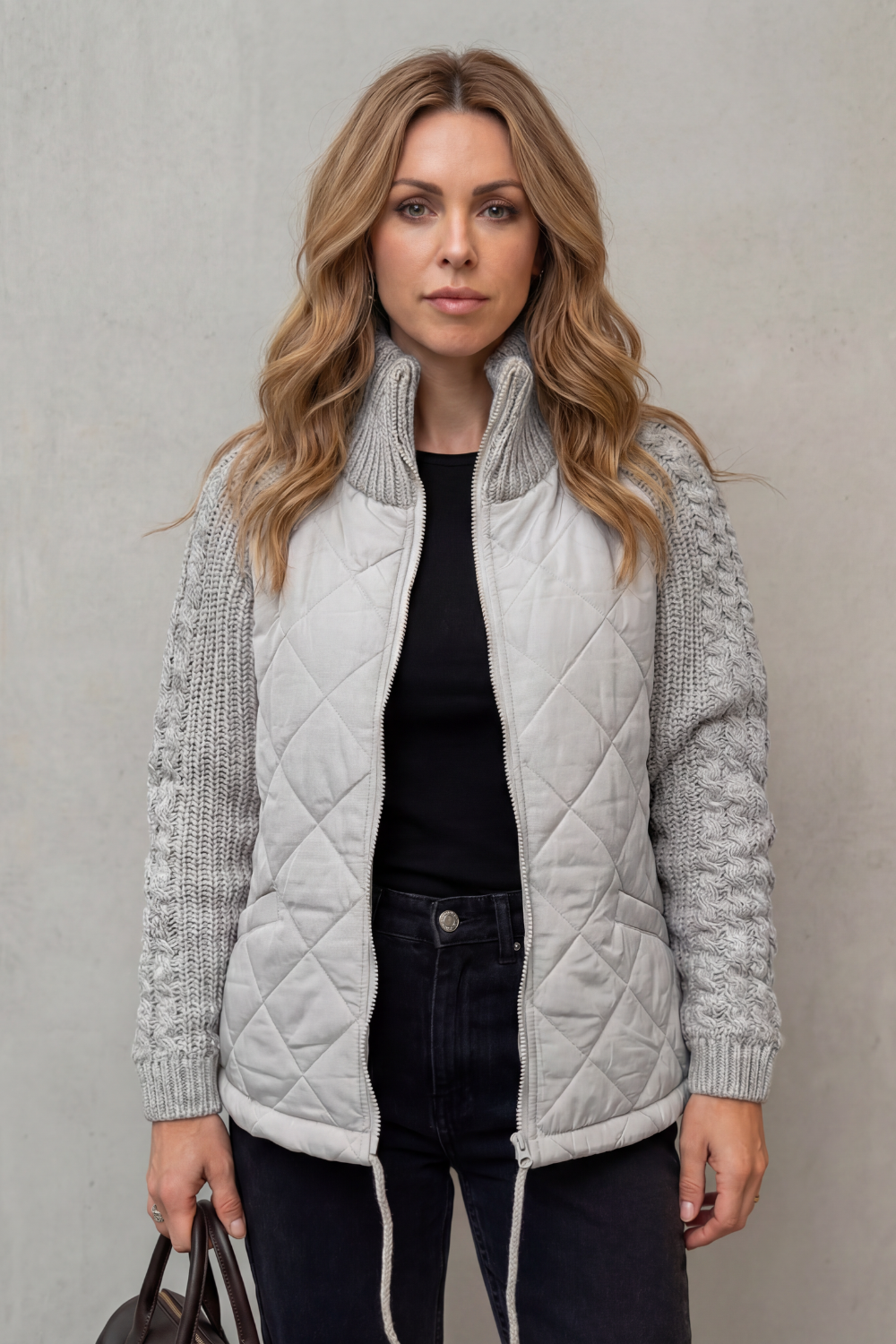 Sofia | Quilted Cable Knit Sleeve Zip Up Jacket