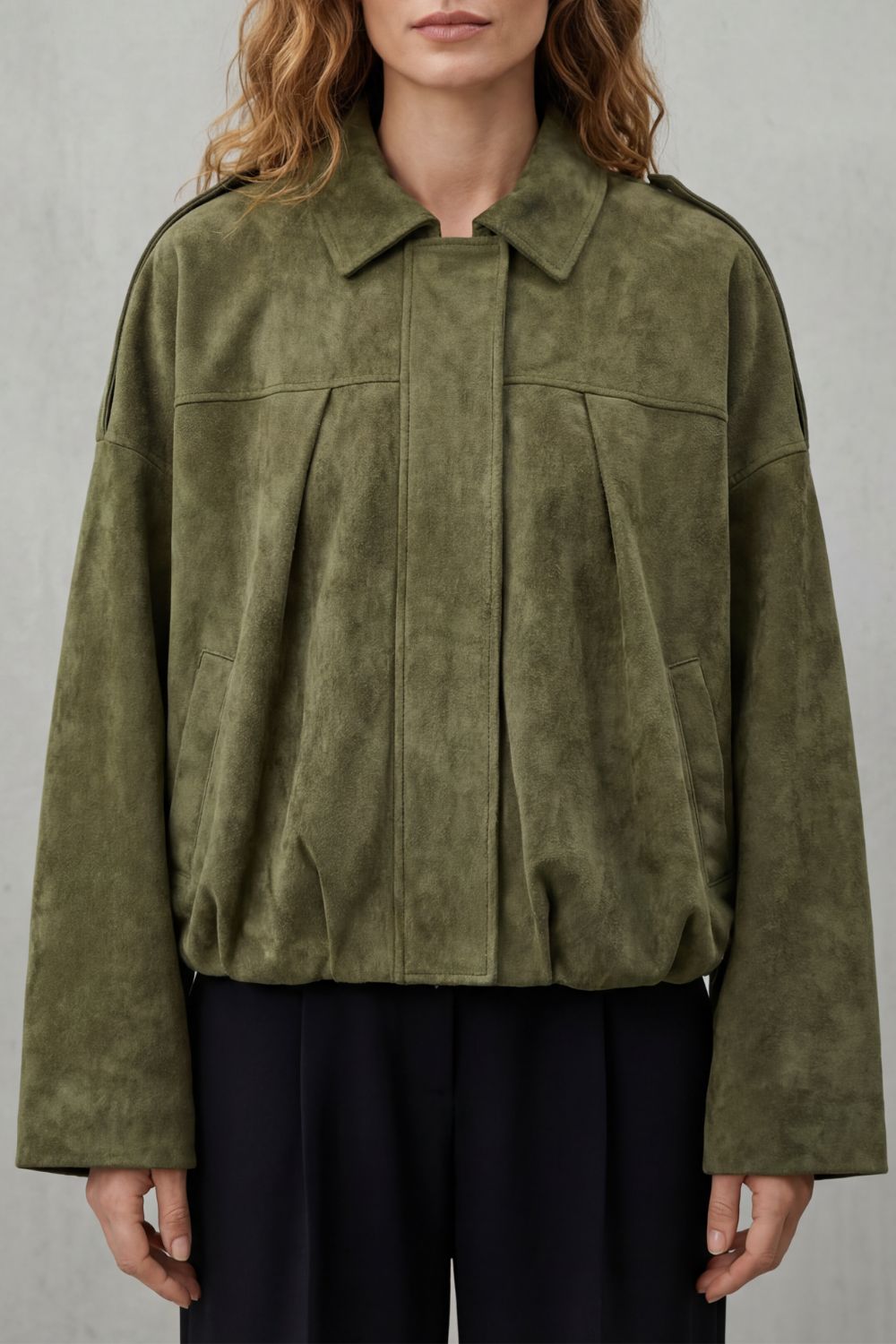 Solenné | Suede Pleated Oversized Bomber Jacket