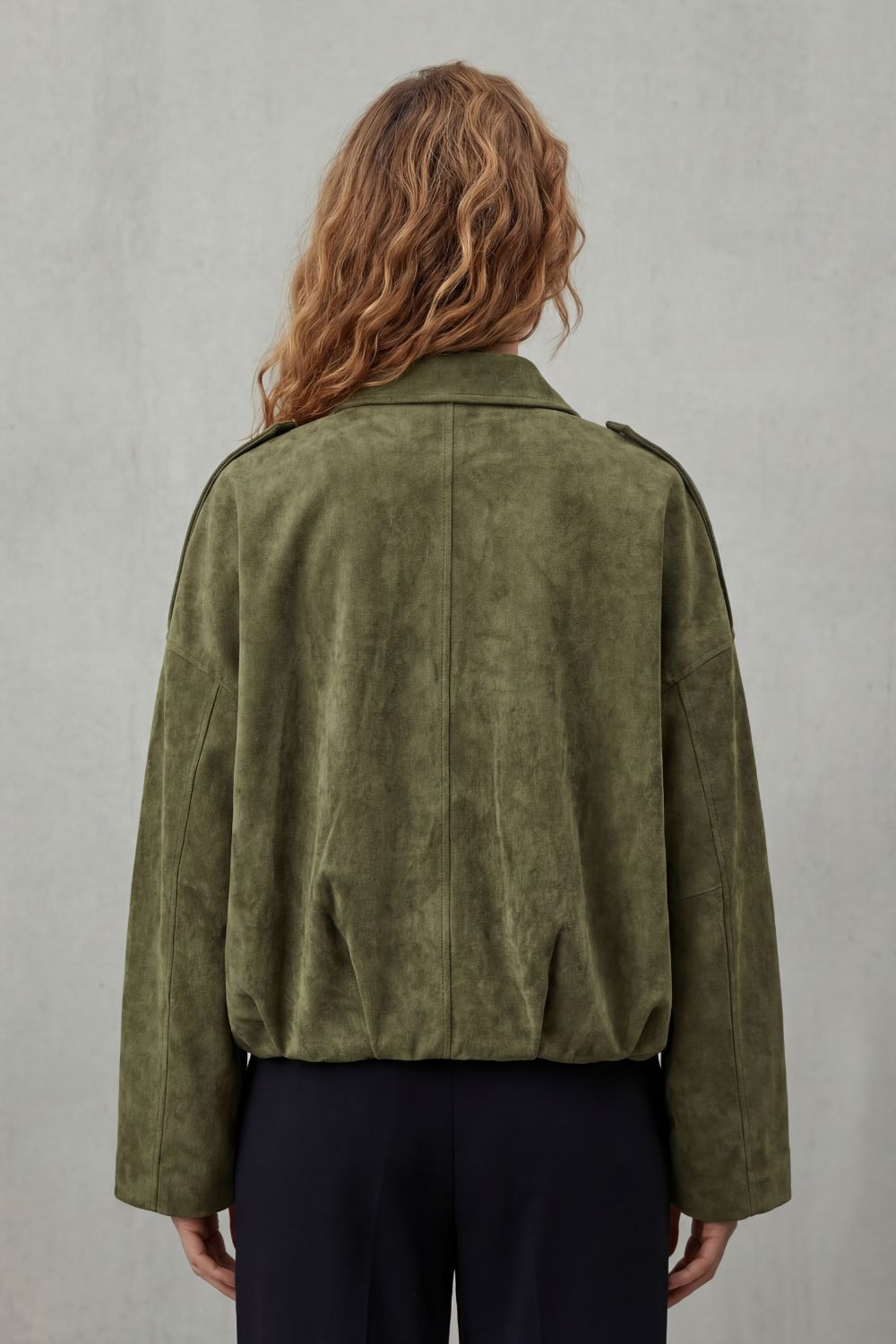 Solenné | Suede Pleated Oversized Bomber Jacket
