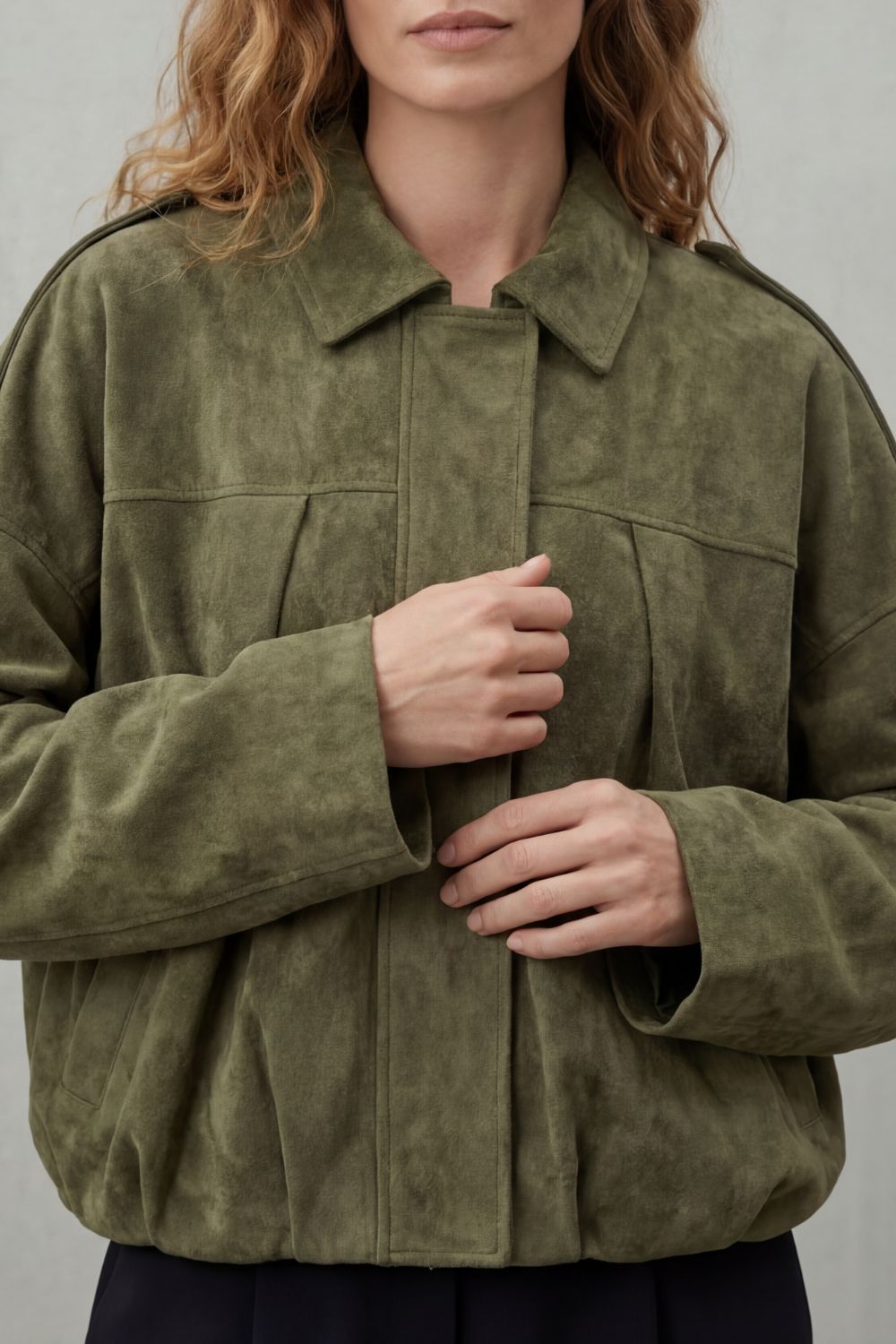 Solenné | Suede Pleated Oversized Bomber Jacket