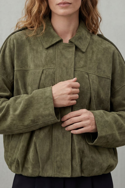 Solenné | Suede Pleated Oversized Bomber Jacket