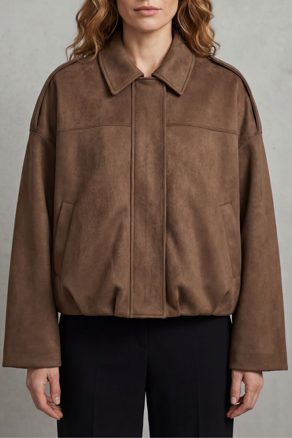 Solenné | Suede Pleated Oversized Bomber Jacket