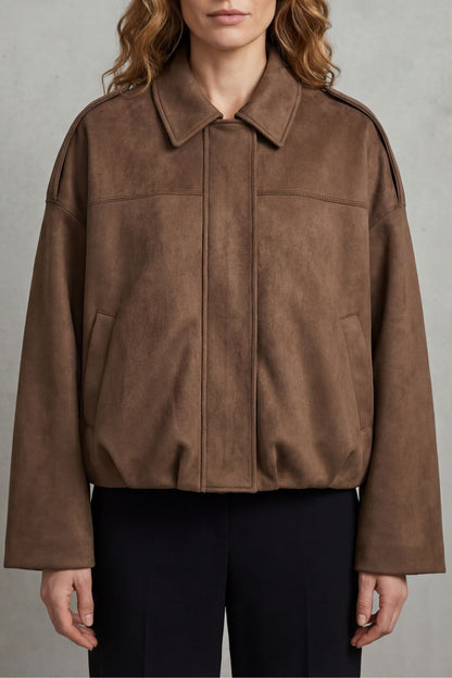 Solenné | Suede Pleated Oversized Bomber Jacket