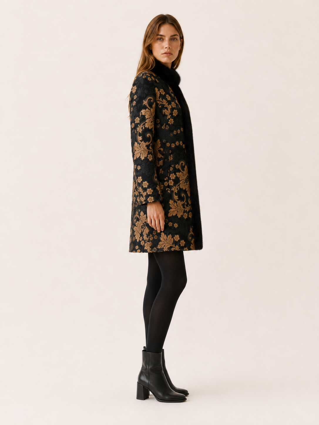 Arabella | Print Faux Fur Trim Longline Coat