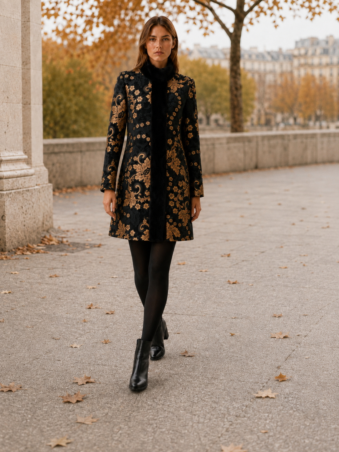 Arabella | Print Faux Fur Trim Longline Coat