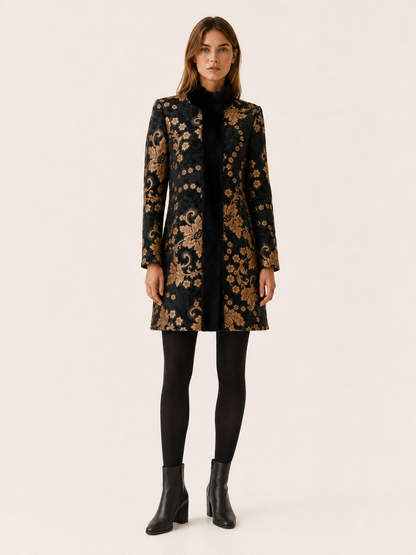 Arabella | Print Faux Fur Trim Longline Coat
