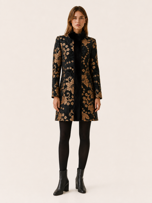 Arabella | Print Faux Fur Trim Longline Coat