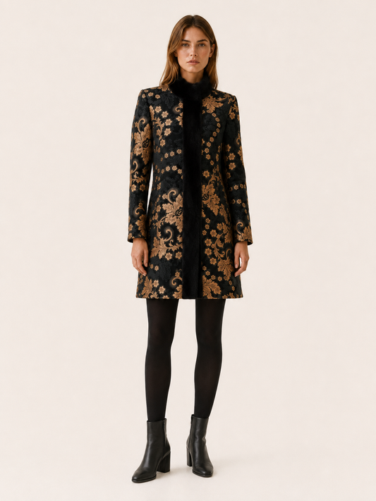 Arabella | Print Faux Fur Trim Longline Coat