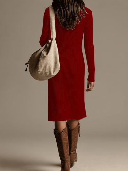 Valentina | Ribbed Knit High Neck Button Midi Dress