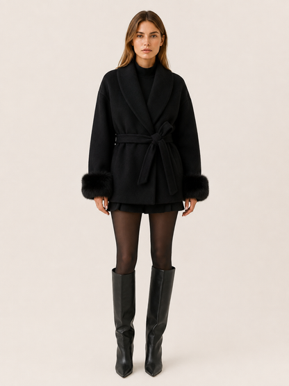 Moria | Faux Fur Shawl Collar Trim Wrap Coat