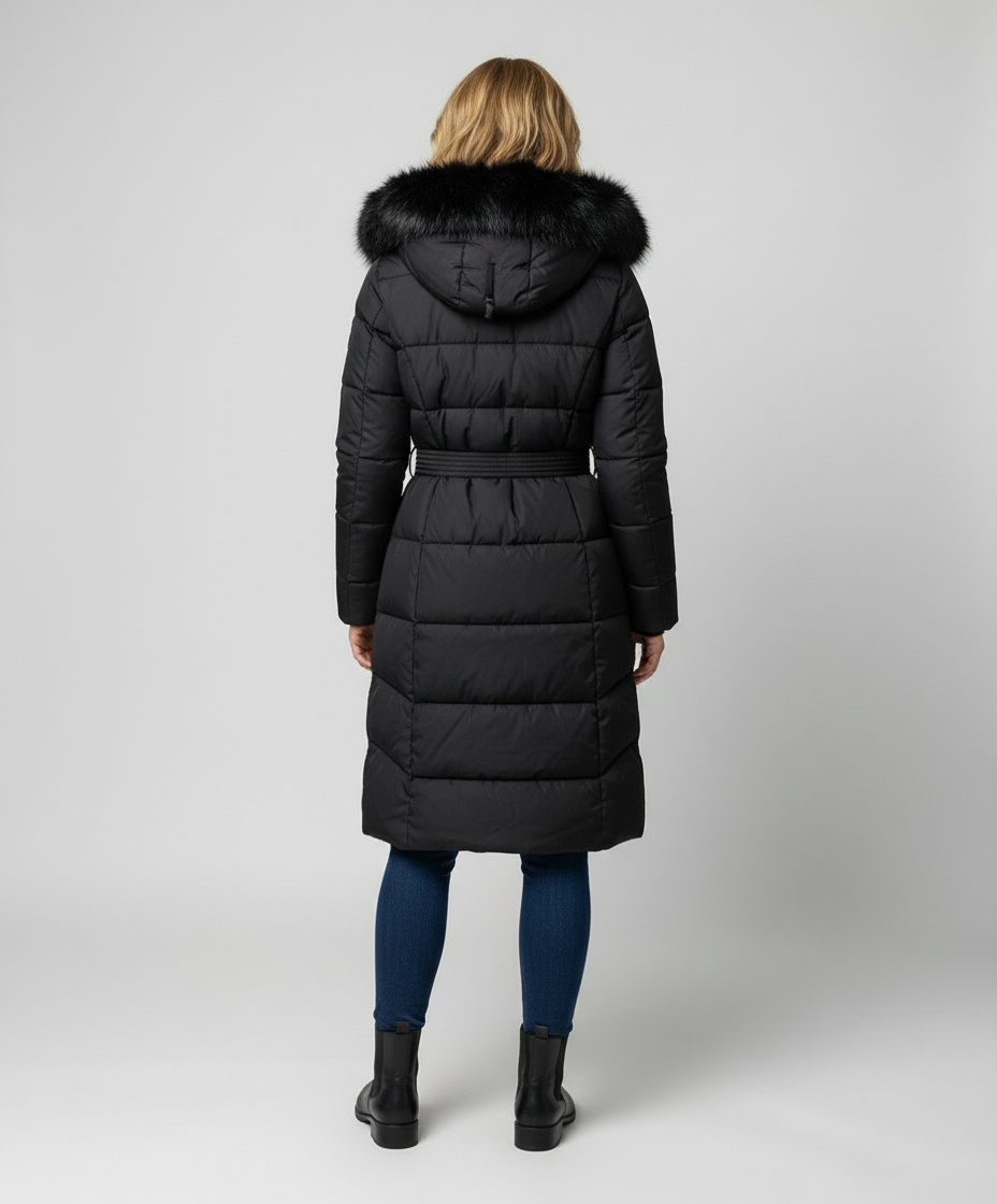 Victoria | Faux Fur Hooded Belted Longline Puffer Coat