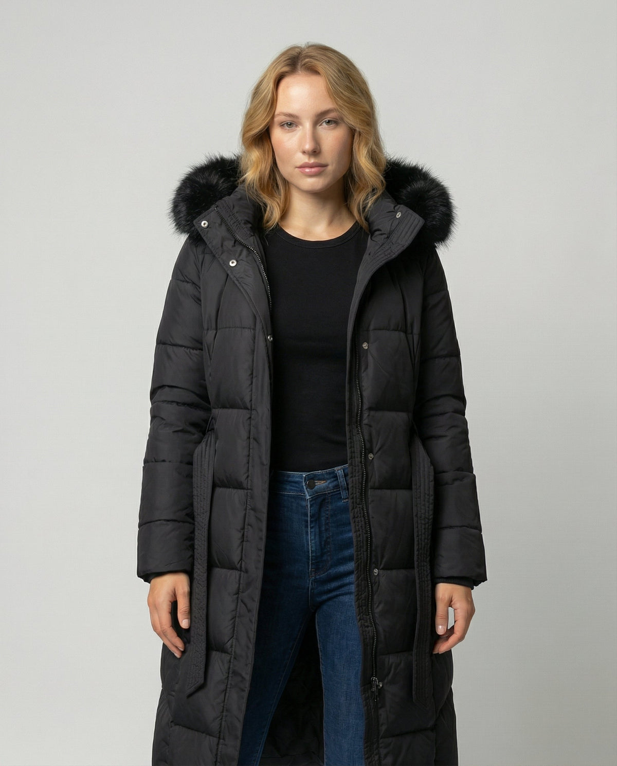 Victoria | Faux Fur Hooded Belted Longline Puffer Coat