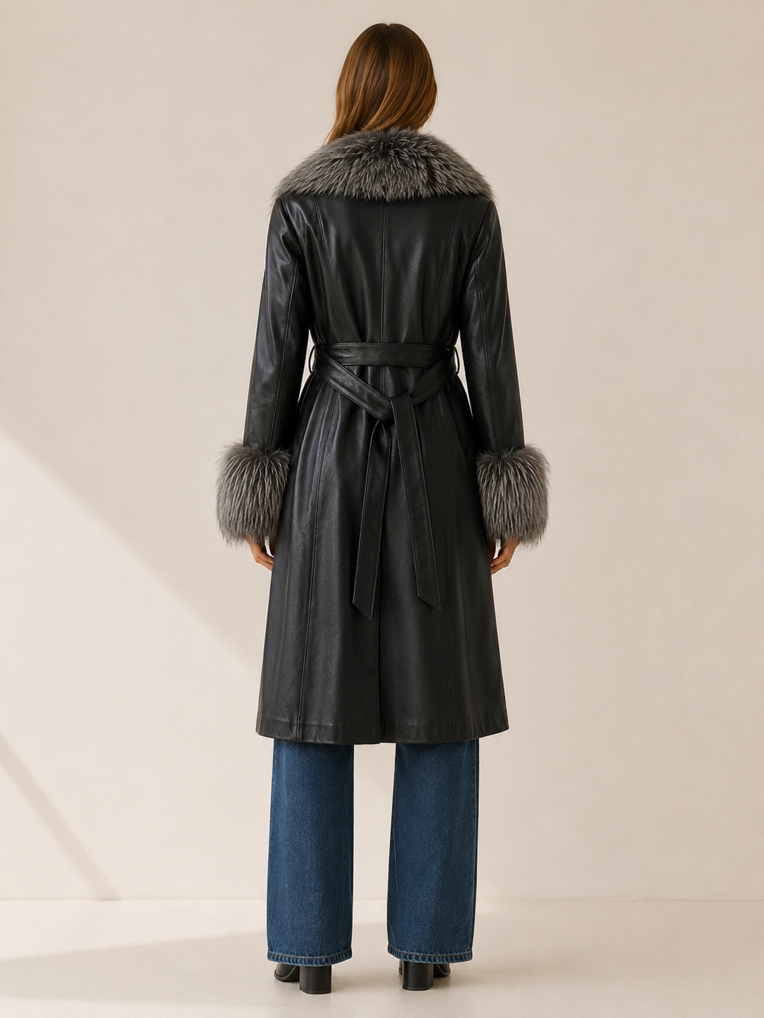 Vivin | Faux Fur Belted Leather Long Coat
