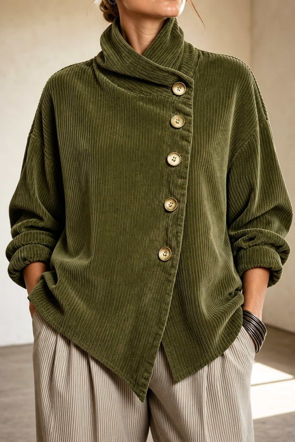 Maren | Funnel Neck Asymmetric Button Corduroy Top