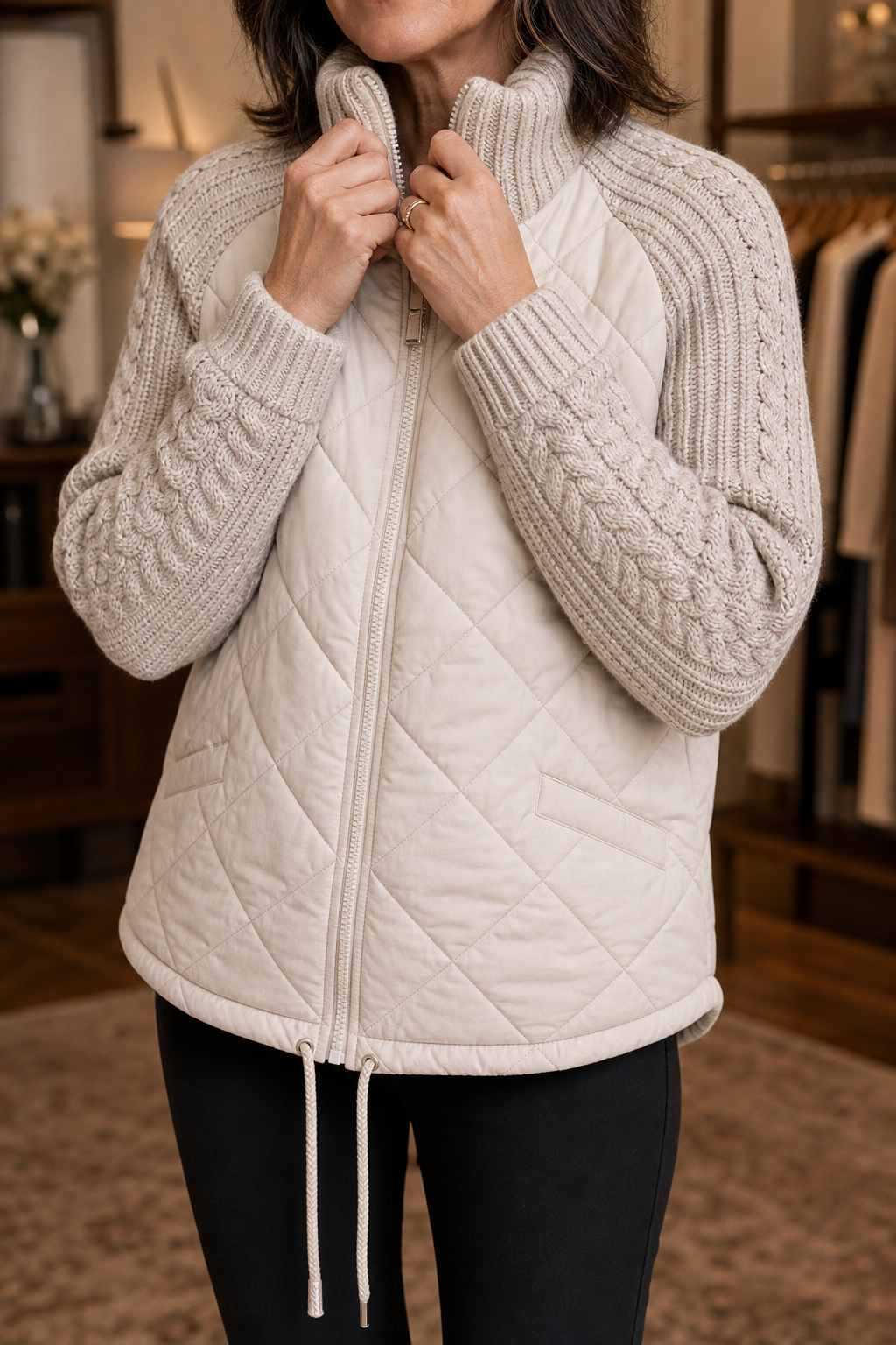 Rosalie | Knit-Panel Quilted Patchwork Puffer Jacket