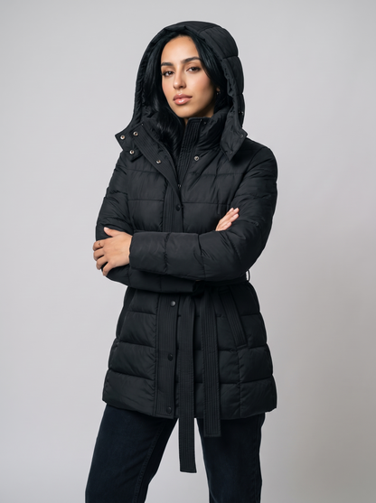 Gisella | Hooded Knit Tie Belt Quilted Puffer Coat