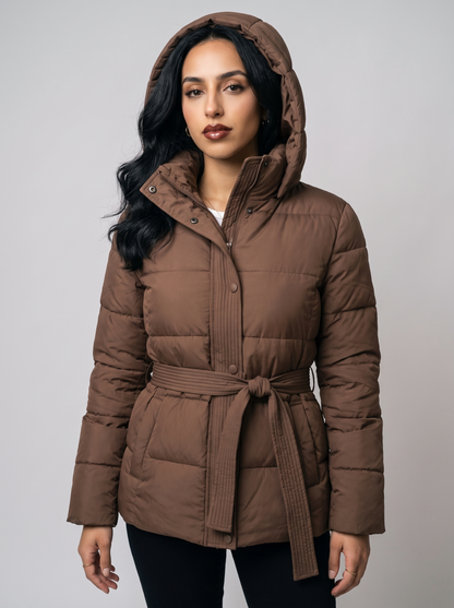 Gisella | Hooded Knit Tie Belt Quilted Puffer Coat
