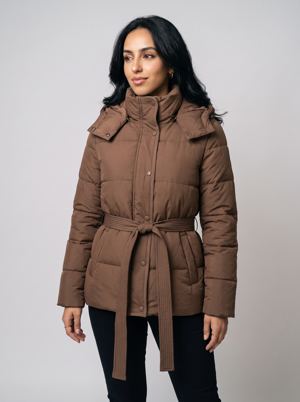 Gisella | Hooded Knit Tie Belt Quilted Puffer Coat