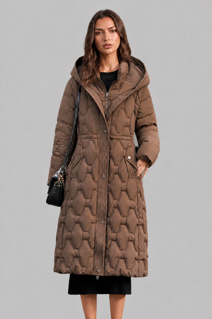 Jocasta | Geometric Quilted Hooded Longline Puffer Coat