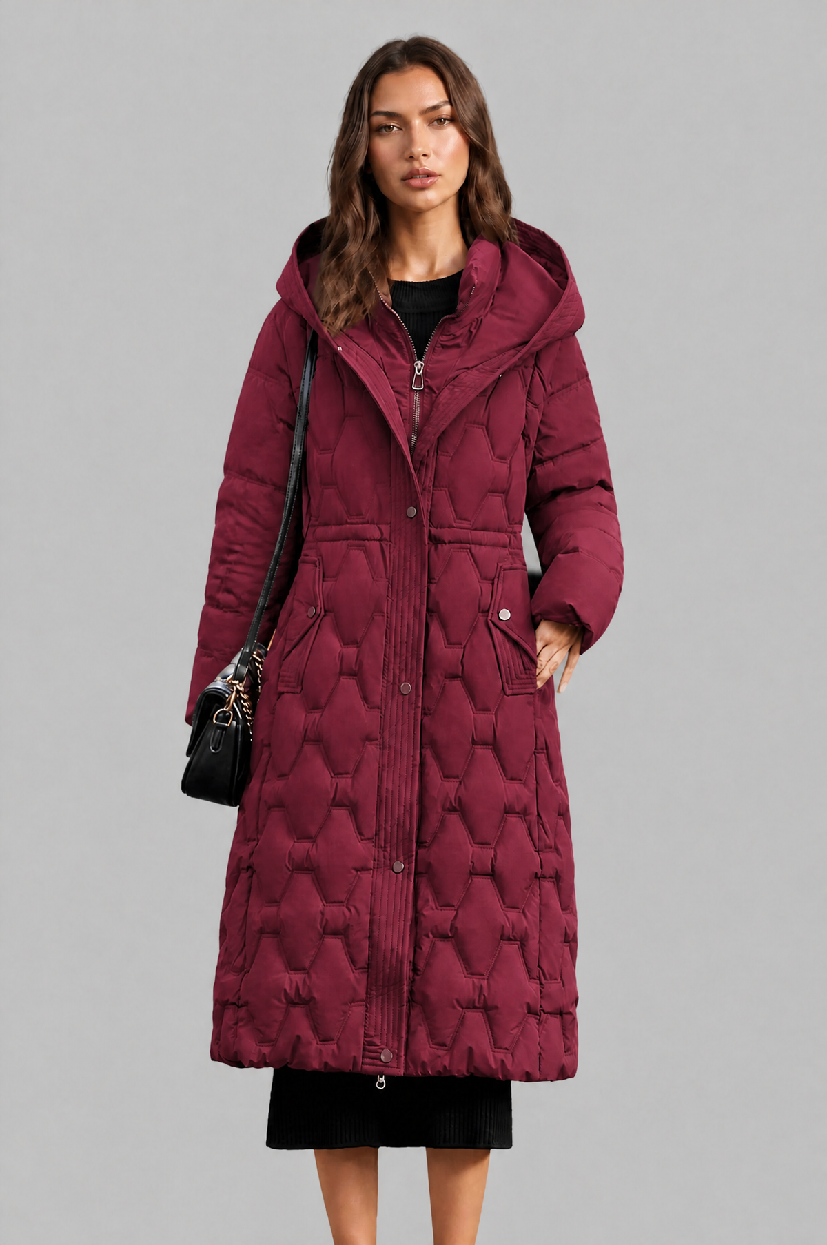 Jocasta | Geometric Quilted Hooded Longline Puffer Coat
