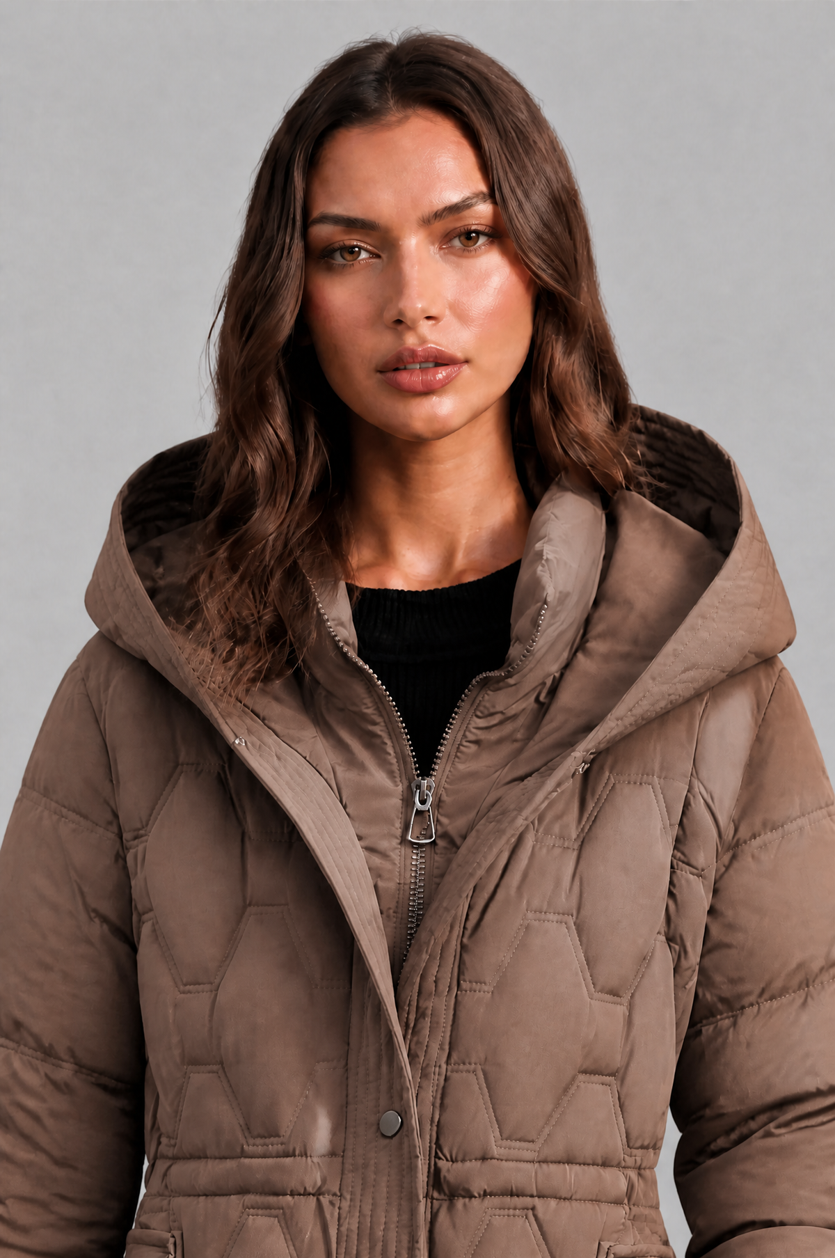 Jocasta | Geometric Quilted Hooded Longline Puffer Coat