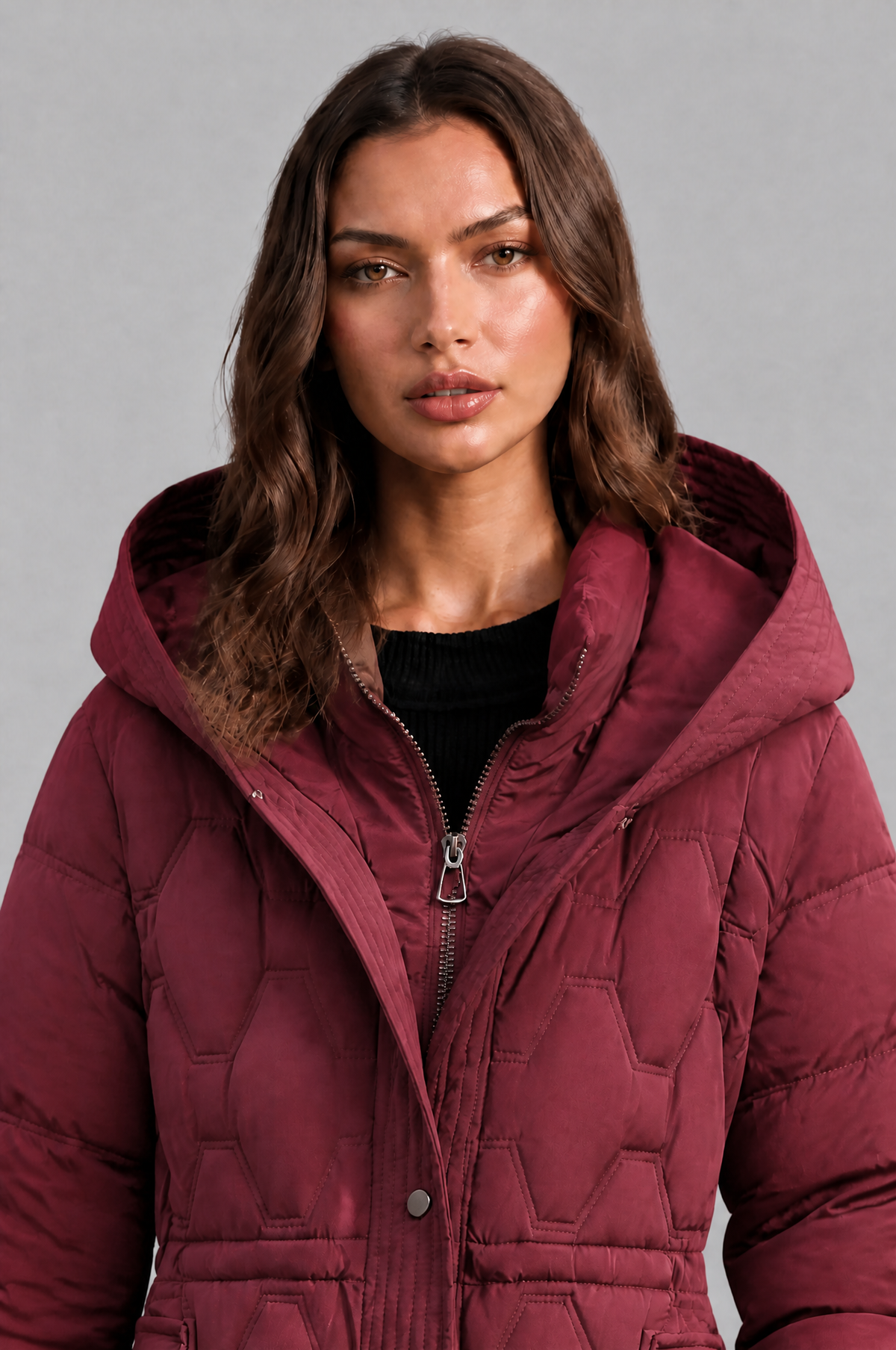 Jocasta | Geometric Quilted Hooded Longline Puffer Coat