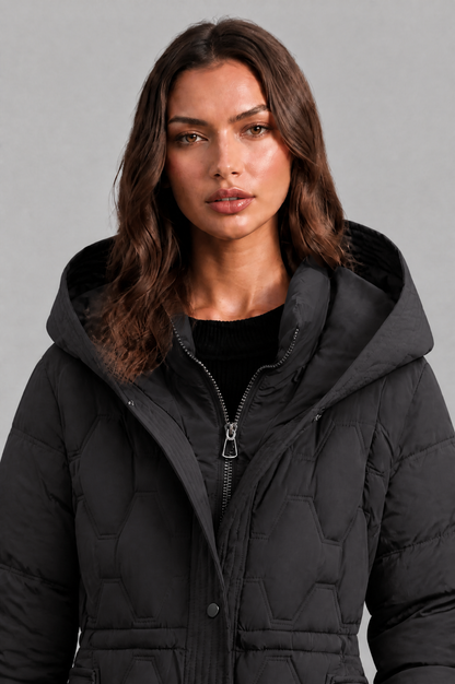 Jocasta | Geometric Quilted Hooded Longline Puffer Coat