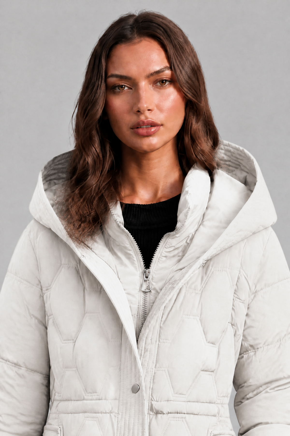 Jocasta | Geometric Quilted Hooded Longline Puffer Coat