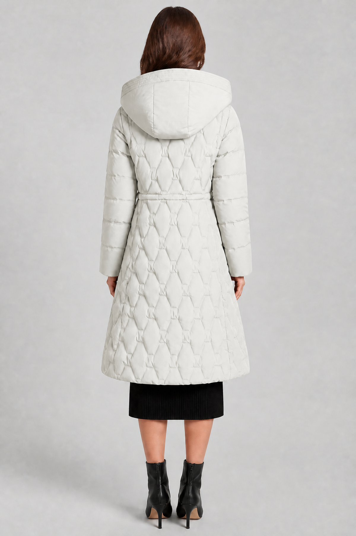 Jocasta | Geometric Quilted Hooded Longline Puffer Coat
