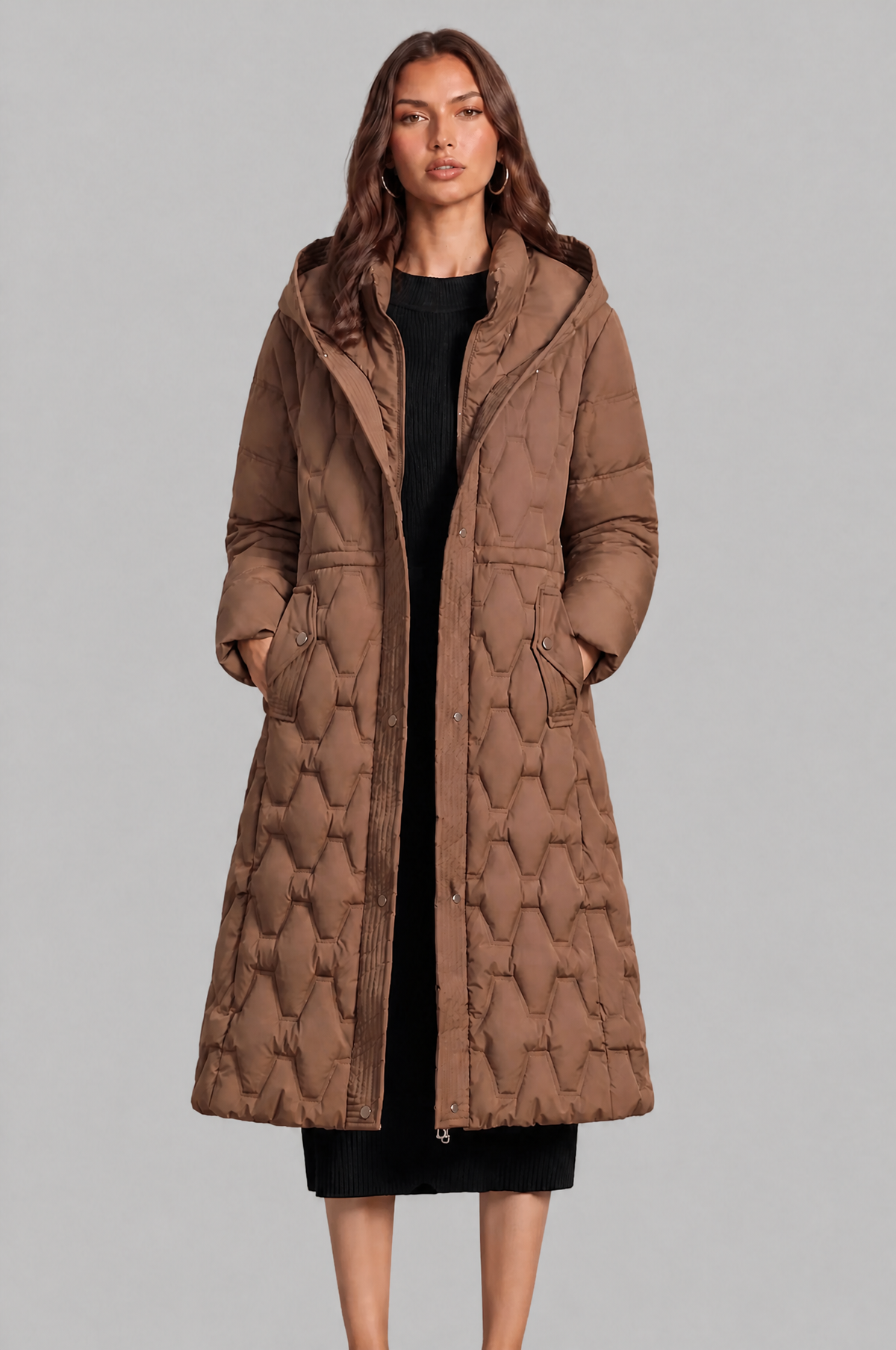 Jocasta | Geometric Quilted Hooded Longline Puffer Coat