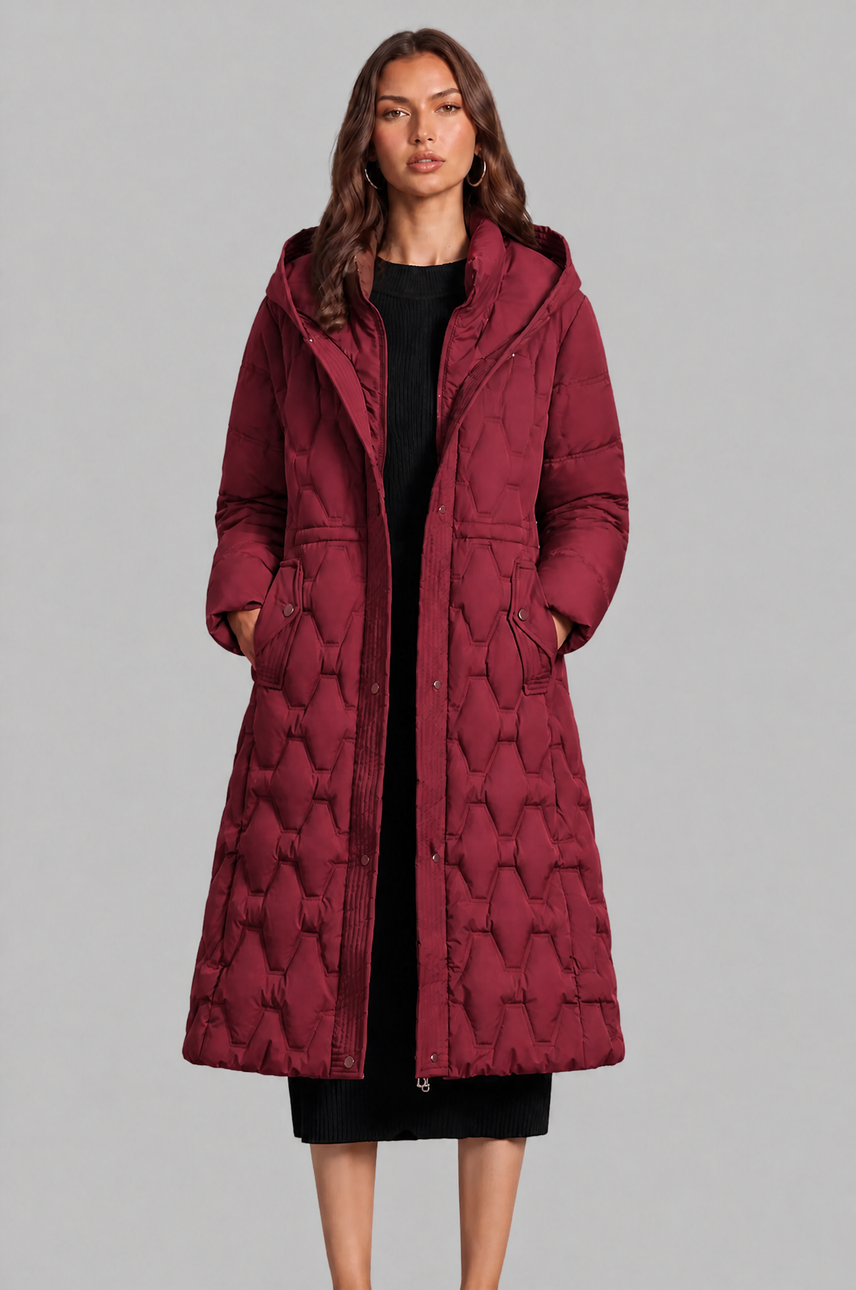 Jocasta | Geometric Quilted Hooded Longline Puffer Coat
