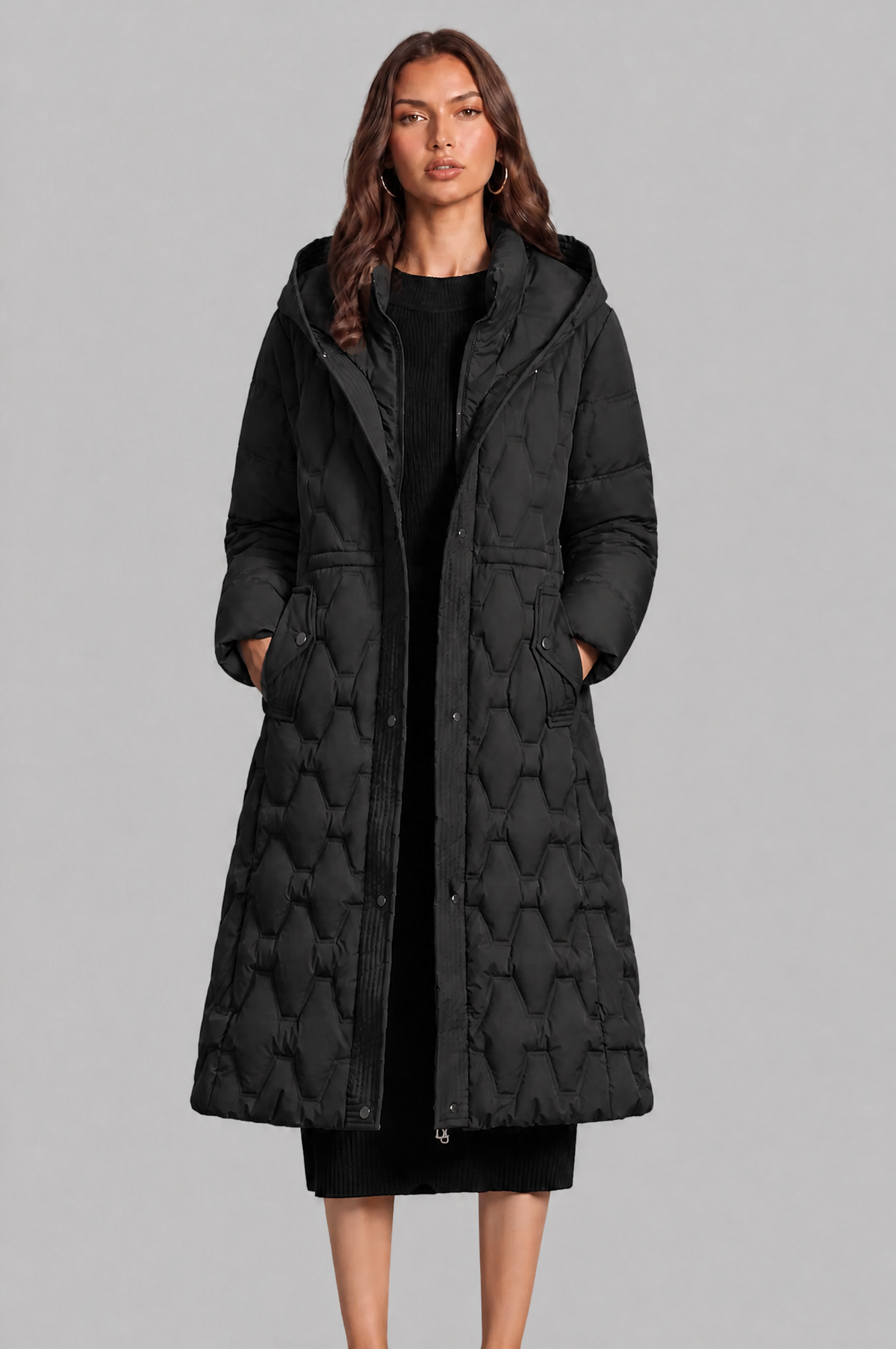 Jocasta | Geometric Quilted Hooded Longline Puffer Coat