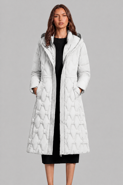 Jocasta | Geometric Quilted Hooded Longline Puffer Coat