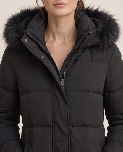 Oriel | Plush Trim Hooded Over the Knee Puffer Coat
