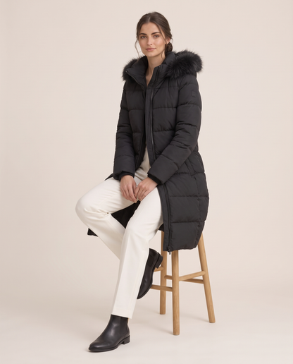 Oriel | Plush Trim Hooded Over the Knee Puffer Coat