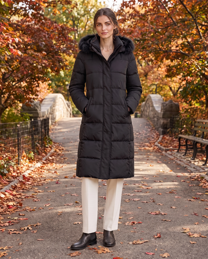 Oriel | Plush Trim Hooded Over the Knee Puffer Coat
