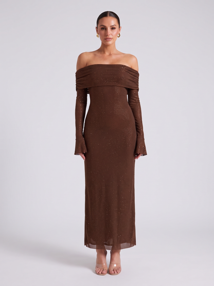 Hollis | Off Shoulder Chocolate Sequin Maxi Gown