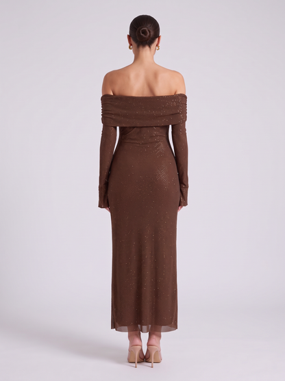 Hollis | Off Shoulder Chocolate Sequin Maxi Gown