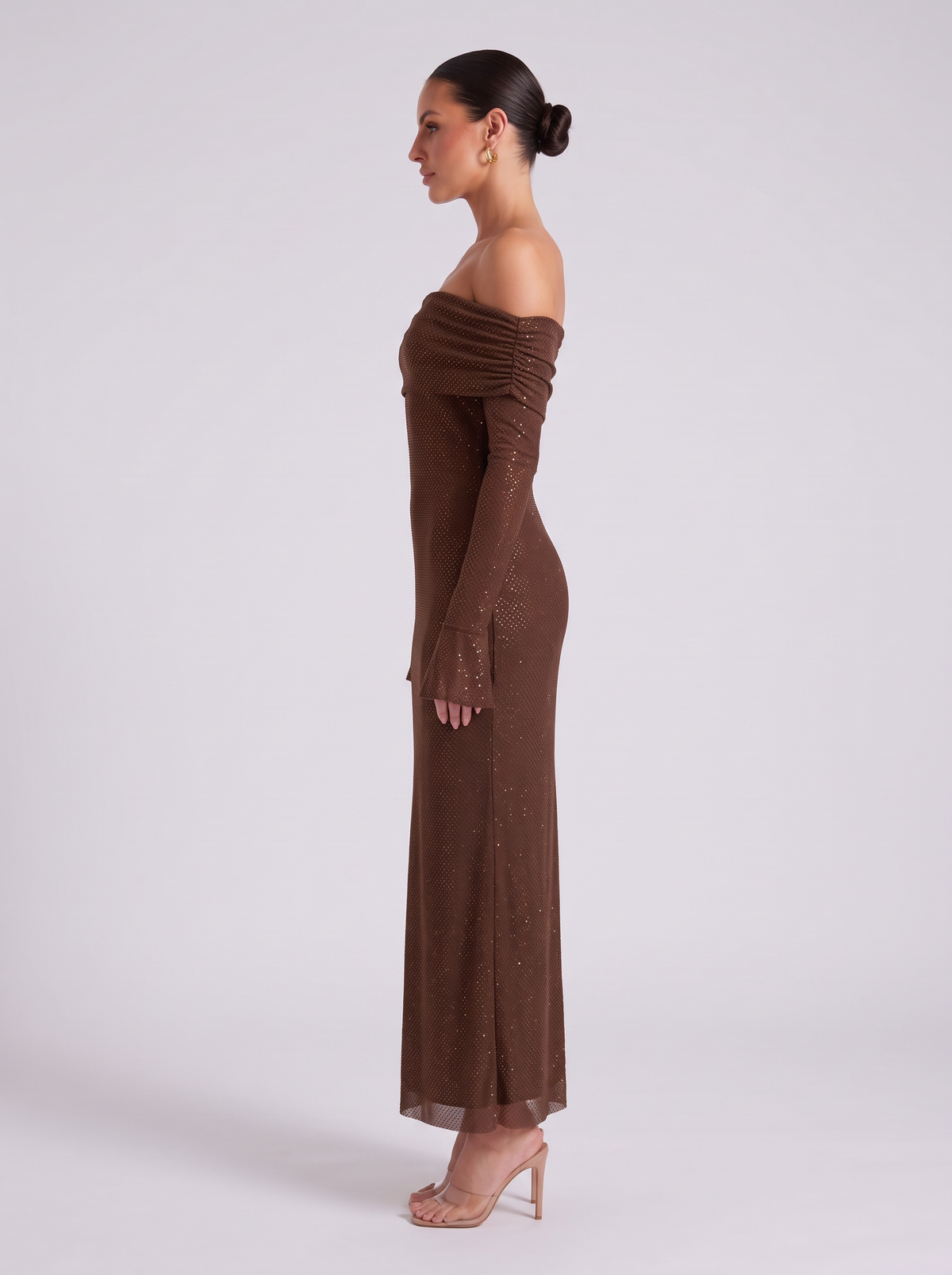 Hollis | Off Shoulder Chocolate Sequin Maxi Gown