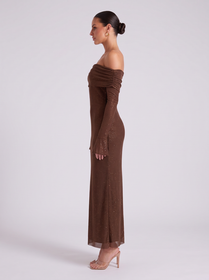 Hollis | Off Shoulder Chocolate Sequin Maxi Gown