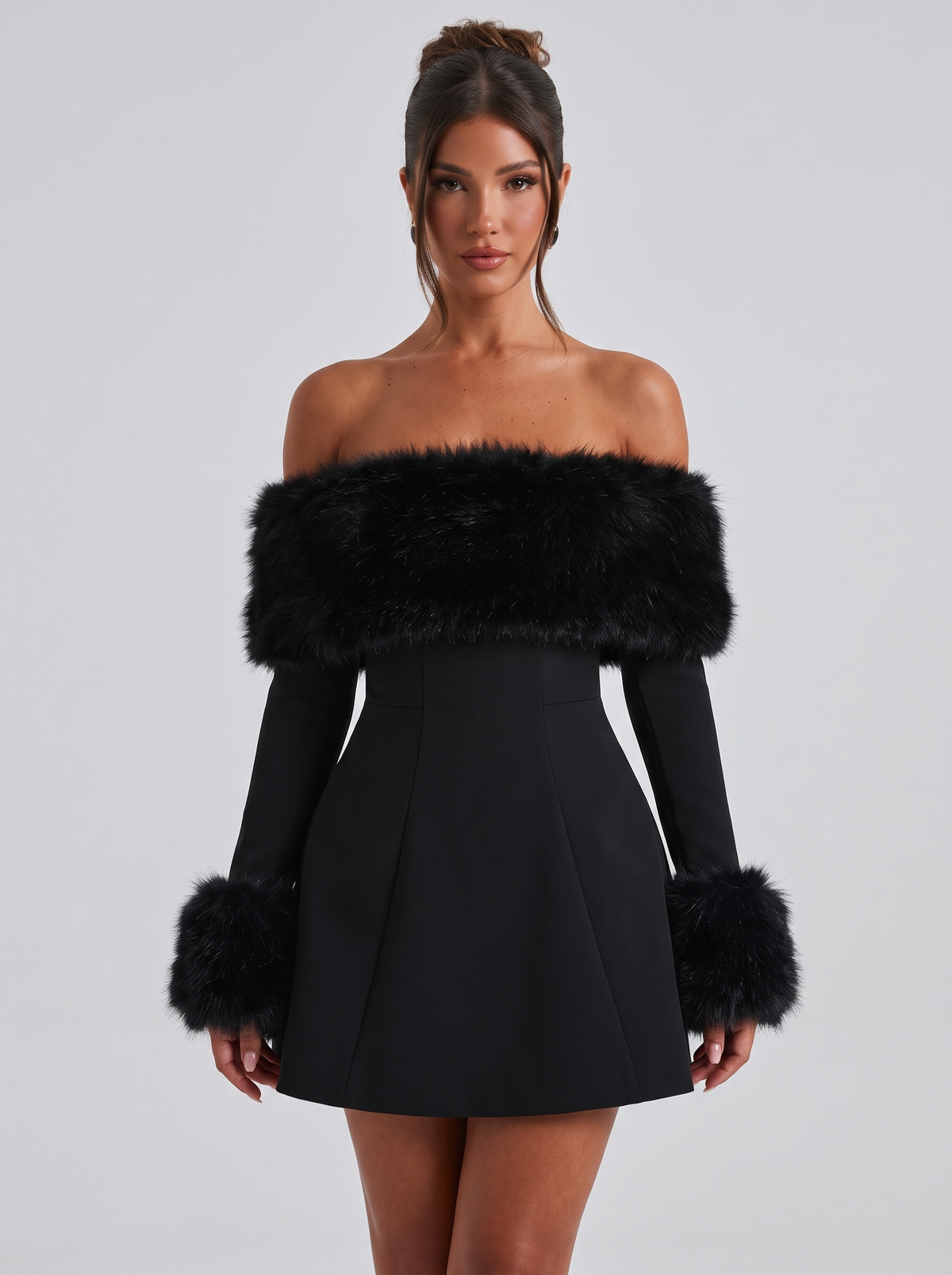 Faye | Faux Fur Trim Bardot Long Sleeve Mini Dress