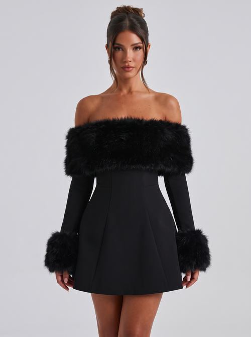 Faye | Faux Fur Trim Bardot Long Sleeve Mini Dress