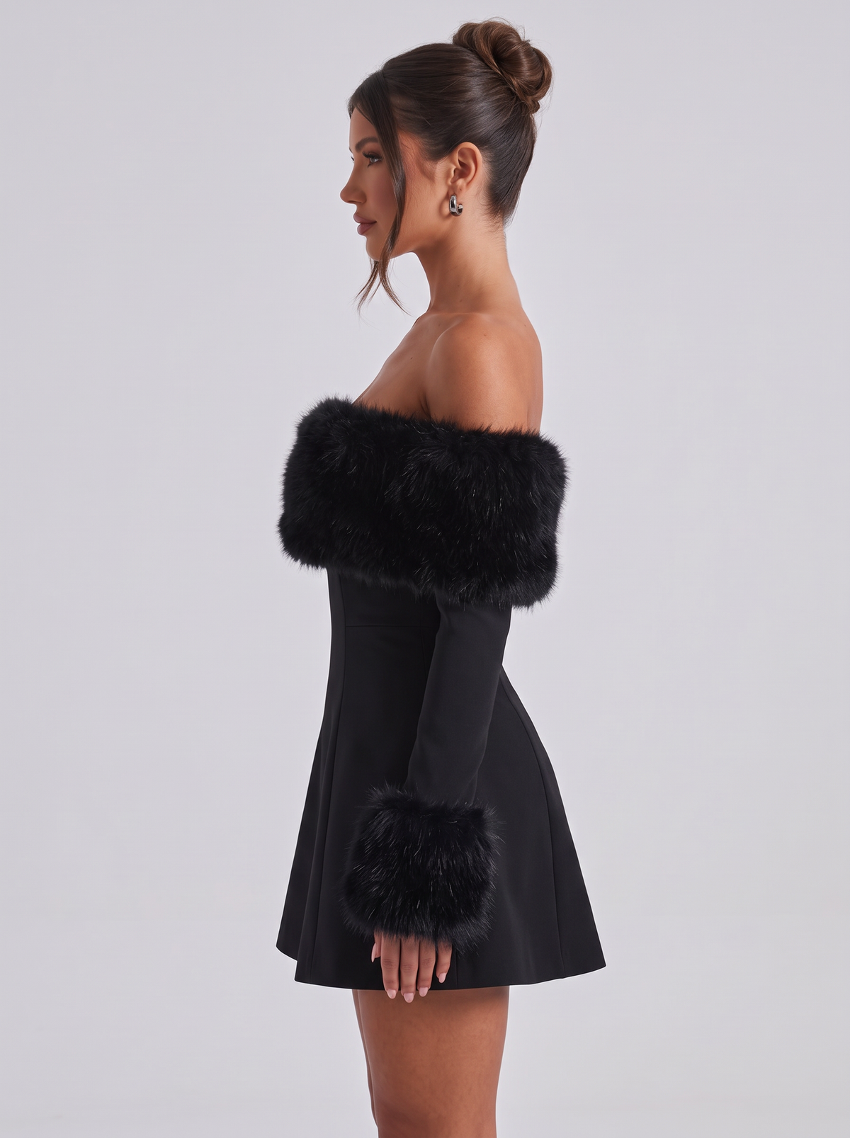 Faye | Faux Fur Trim Bardot Long Sleeve Mini Dress