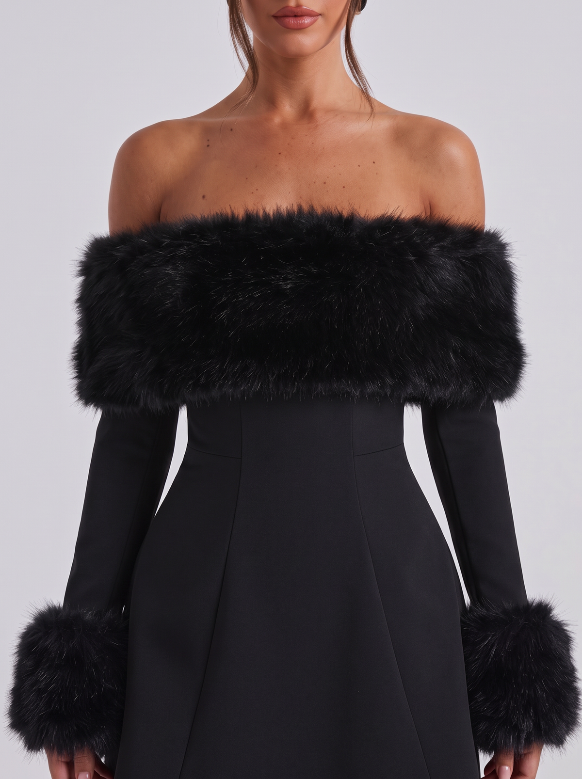Faye | Faux Fur Trim Bardot Long Sleeve Mini Dress