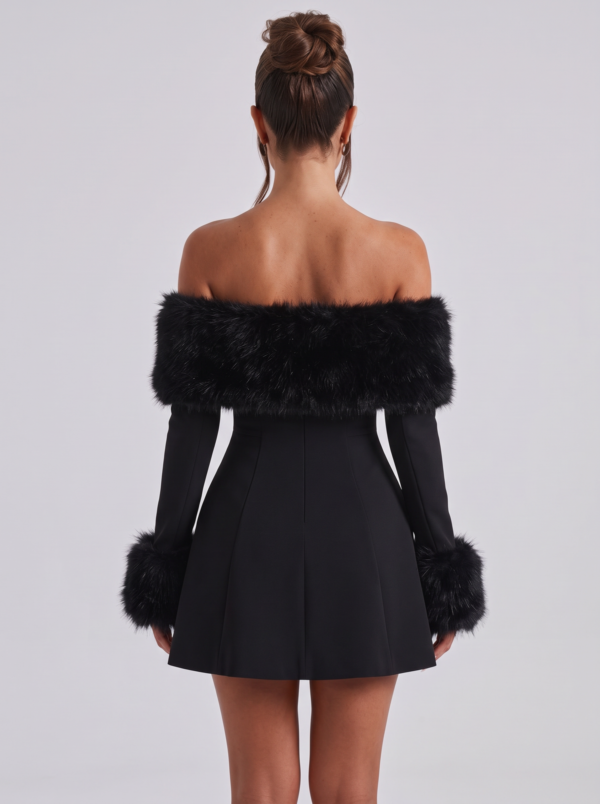 Faye | Faux Fur Trim Bardot Long Sleeve Mini Dress
