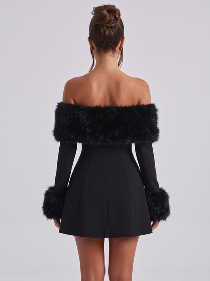 Faye | Faux Fur Trim Bardot Long Sleeve Mini Dress