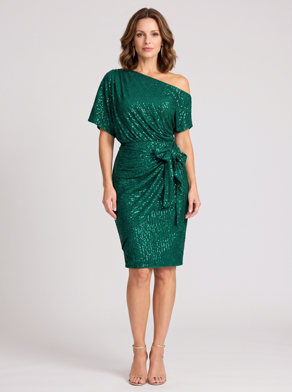 Allegra | Off Shoulder Tie Waist Sequin Wrap Dress