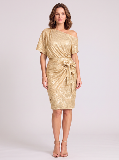Allegra | Off Shoulder Tie Waist Sequin Wrap Dress