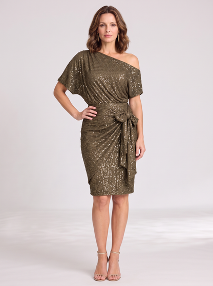 Allegra | Off Shoulder Tie Waist Sequin Wrap Dress